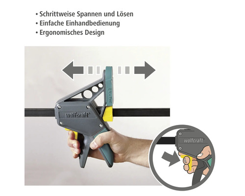 Serre-joint à une main Wolfcraft en utilisation avec mode d''emploi