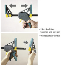 Serre-joint à une main Wolfcraft avec fonction de serrage et d''écartement en utilisation