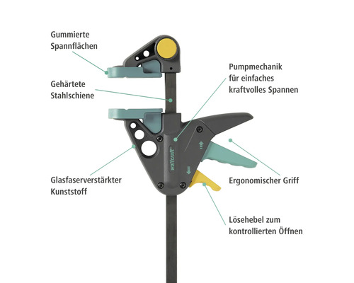 Serre-joint à une main Wolfcraft avec surface de serrage caoutchoutée et rail en acier