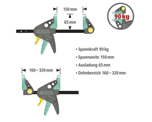 Serre-joint à levier Wolfcraft avec les dimensions force de serrage 90 kg, largeur de serrage 150 mm, saillie 65 mm, plage d''extension 160 à 320 mm