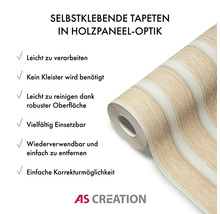 Selbstklebende Tapete in Holzpaneeloptik auf Rolle mit Produkteigenschaften und AS Creation Logo