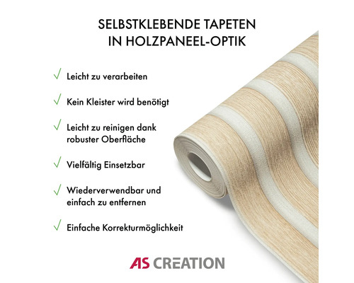 Selbstklebende Tapete in Holzpaneeloptik auf Rolle mit Produkteigenschaften und AS Creation Logo