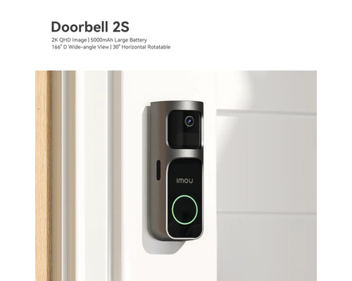 Sonnette vidéo Imou Doorbell 2S avec caméra haute résolution, objectif grand angle et bouton de sonnette éclairé, montée sur un mur.