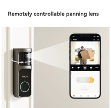 Sonnette intelligente avec Imou Logo montrant un objectif panoramique télécommandé et le contrôle du direct via une application smartphone.