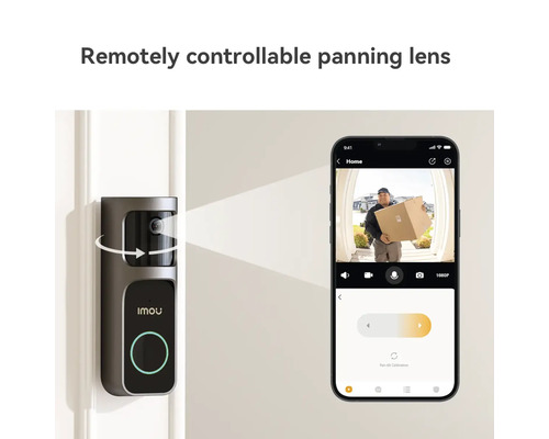 Sonnette intelligente avec Imou Logo montrant un objectif panoramique télécommandé et le contrôle du direct via une application smartphone.