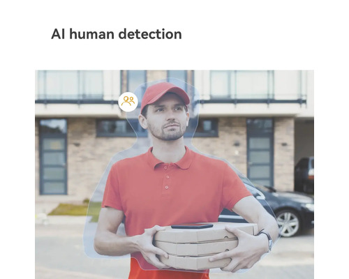 Caméra de surveillance avec détection humaine par IA montrant un livreur avec des boîtes de pizza devant une maison.