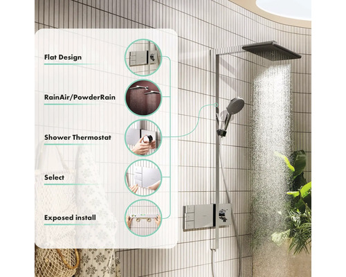Duschsystem mit flachem Design, RainAir, PowderRain, Duschthermostat, Select Funktion und Aufputzmontage.