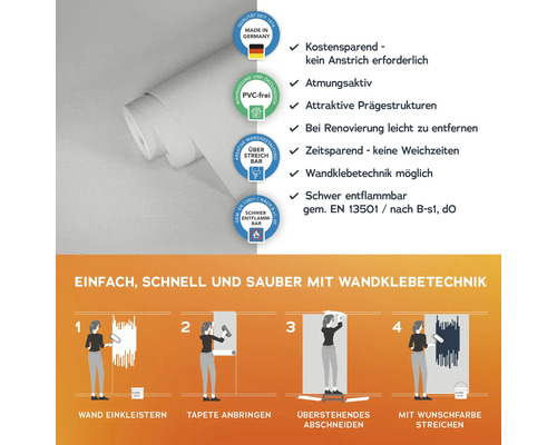 Tapetenrolle mit Hinweisen zu Eigenschaften und Verarbeitung mit Wandklebetechnik