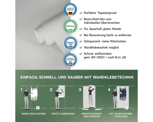 Vliestapete mit Produkteigenschaften und Anbringungsanleitung