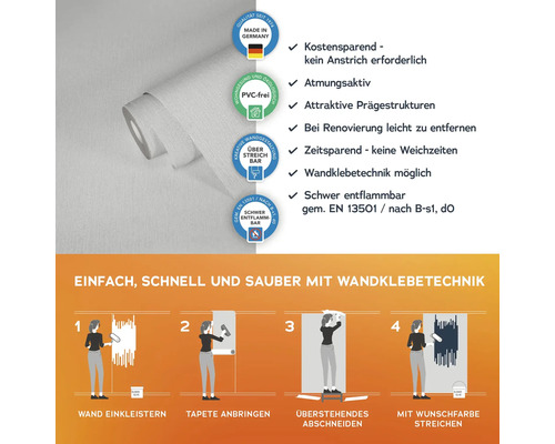 Informationen zur Verarbeitung von Vliestapeten und Produkteigenschaften.