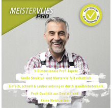 Meistervlies Pro Logo neben einem lächelnden Mann und Informationen zur Tapete.
