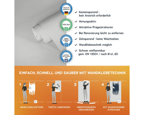 Rouleau de papier peint avec instructions d'application et propriétés du produit