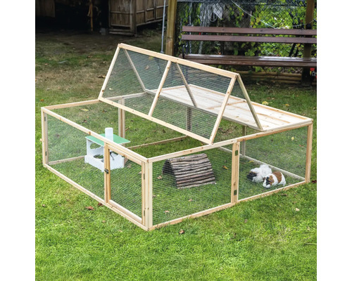 Parc extérieur pour petits animaux en bois avec toit en filet et accessoires