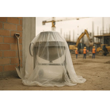 Une bétonnière sous une bâche en plastique sur un chantier, à côté d'une pelle.