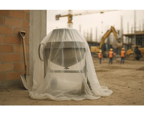 Bétonnière avec film de protection et pelle sur un chantier.