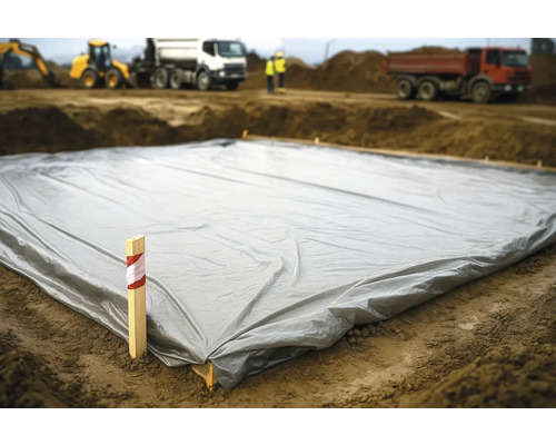 Bâche de protection sur un chantier avec des engins de construction en arrière-plan