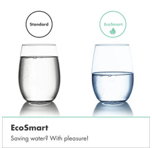 Vergleich zwischen einem Standardglas und einem EcoSmart Glas zur Wassereinsparung.