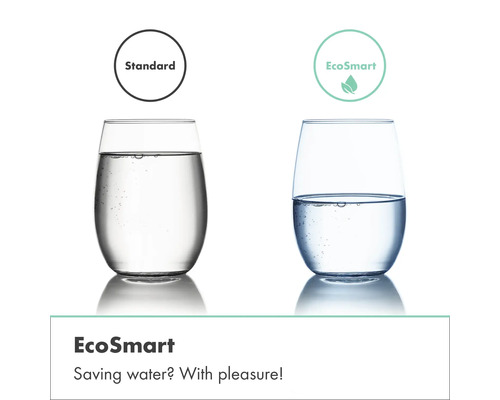 Vergleich zwischen einem Standardglas und einem EcoSmart Glas zur Wassereinsparung.
