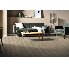 Salon avec canapé, fauteuil, table, lampadaire et plancher en bois