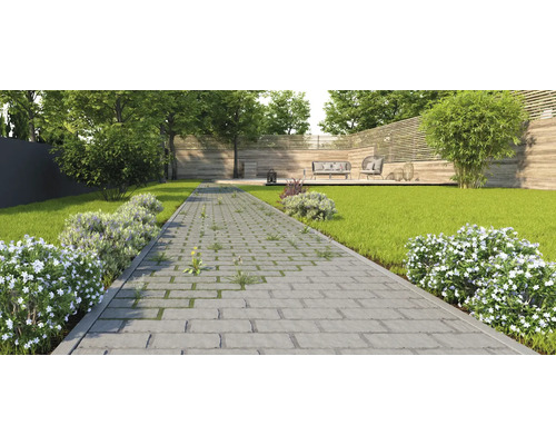 Vue de jardin avec pelouse, chemin de pierre et salon de jardin sur une terrasse en bois