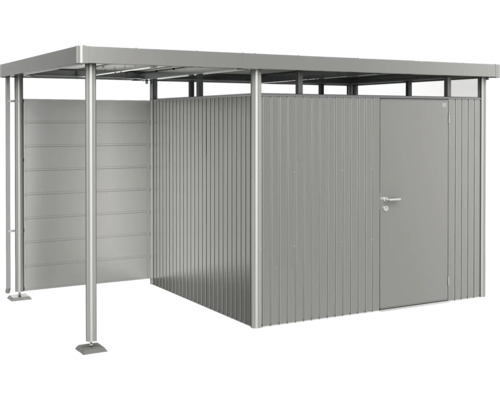 Abri de jardin métallique avec porte et espace ouvert pour ranger les outils de jardin
