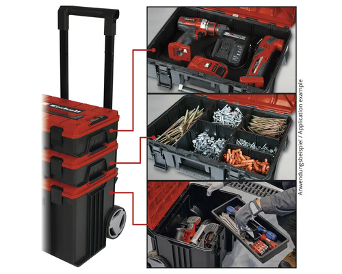 Une caisse à outils avec roulettes et poignée extensible, ainsi que des exemples d'application pour le rangement d'outils et d'accessoires