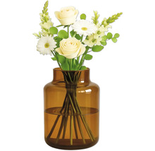 Blumenstrauß mit Rosen und Gänseblümchen in einer Glasvase
