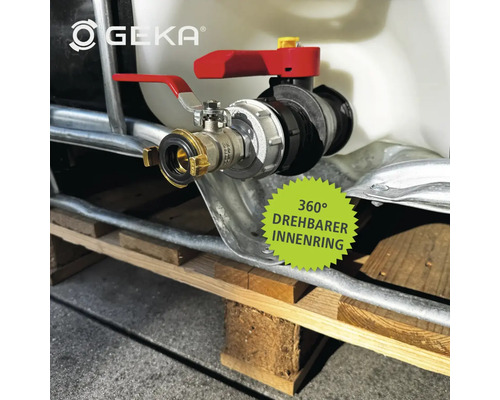 GEKA Logo, Ventil mit drehbarem Innenring an einem IBC Container auf einer Palette