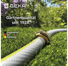 Gartenschlauch auf Rasen mit Geka Logo und Siegel Engineered in Germany