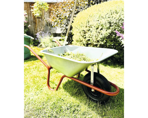 Brouette avec déchets de jardin dans le jardin