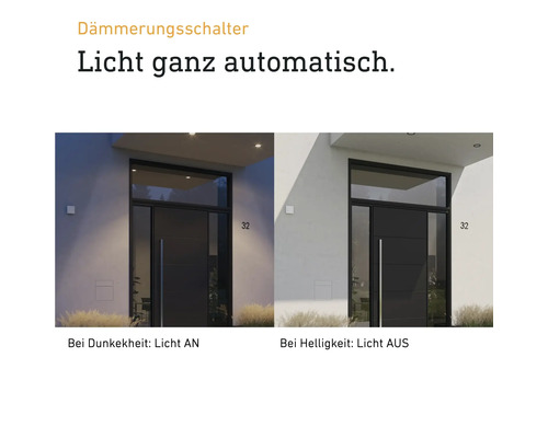 Illustration eines Hauses bei Tag und Nacht mit einem Dämmerungsschalter, der das Licht automatisch steuert