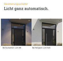 Szene mit einem Haus, die die automatische Aktivierung und Deaktivierung des Lichts durch einen Dämmerungsschalter zeigt