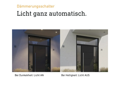Szene mit einem Haus, die die automatische Aktivierung und Deaktivierung des Lichts durch einen Dämmerungsschalter zeigt