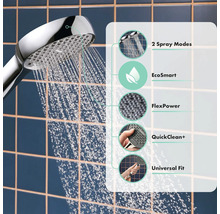 Pomme de douche avec deux types de jets, EcoSmart, FlexPower, QuickClean Plus et fonction Universal Fit