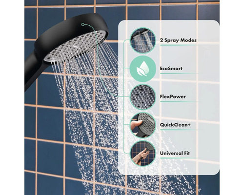 Pomme de douche avec différents types de jets et des fonctions telles que EcoSmart et QuickClean