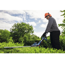 Une personne portant un casque de protection et un casque antibruit coupe une haie avec un taille-haie.