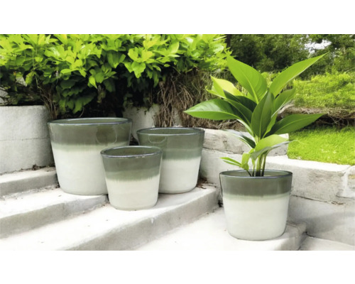 Verschieden grosse Pflanzgefässe auf einer Treppe im Aussenbereich.