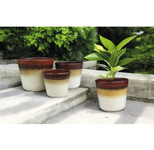 Plusieurs pots de fleurs en céramique dans le jardin.