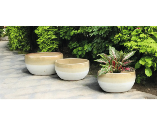 Trois pots de fleurs en céramique dans le jardin.