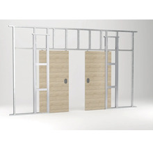 Système de porte coulissante double avec cadre métallique et deux portes coulissantes