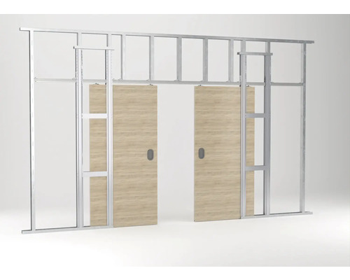 Système de porte coulissante double avec cadre métallique et deux portes coulissantes