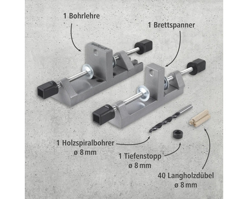 Wolfcraft Dübel-Set bestehend aus Dübellehre, Brettspanner, Holzspiralbohrer, Tiefenanschlag und Langholzdübel