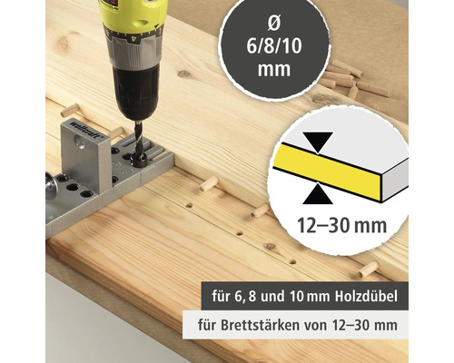 Holzbrett mit Dübelbohrlehre, Bohrmaschine und Holzdübeln