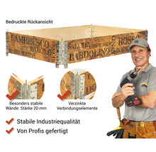 Holzkiste mit Aufdruck und stabilen, verzinkten Verbindungselementen