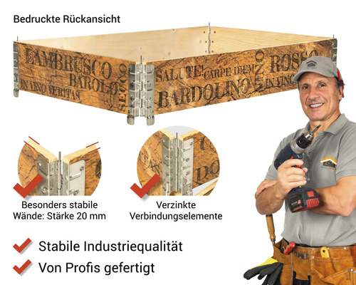 Holzkiste mit Aufdruck und stabilen, verzinkten Verbindungselementen