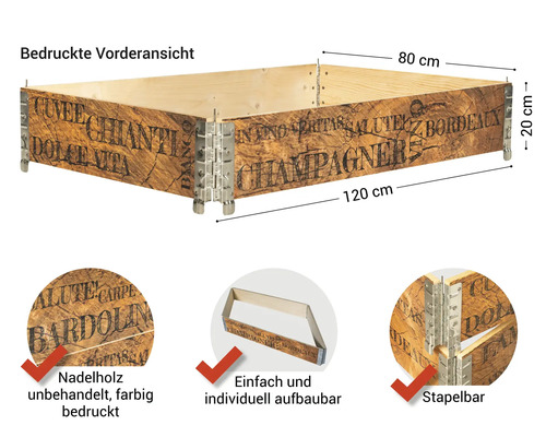 Holzkiste mit Aufdruck, 120 x 80 x 20 cm, aus unbehandeltem Nadelholz, stapelbar und einfach aufzubauen