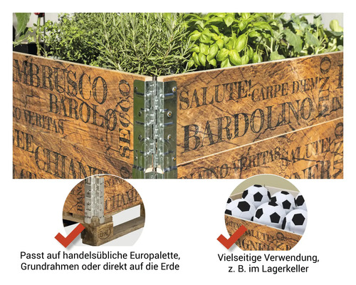 Hochbeet aus Holz mit Metallverbindungen und Kräutern