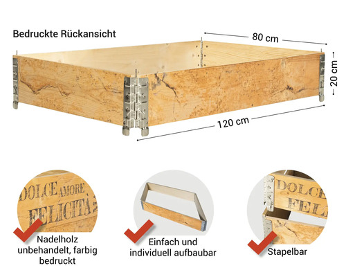 Holzkiste aus Nadelholz, unbehandelt und bedruckt, mit den Maßen 120 x 80 x 20 cm. Stapelbar und individuell aufbaubar.