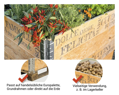Hochbeet aus Holz mit Kräutern und Gemüsepflanzen