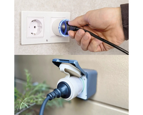 Zwei Steckdosen: Eine mit eingestecktem Stecker in Innenräumen, die andere mit eingestecktem Stecker im Aussenbereich.